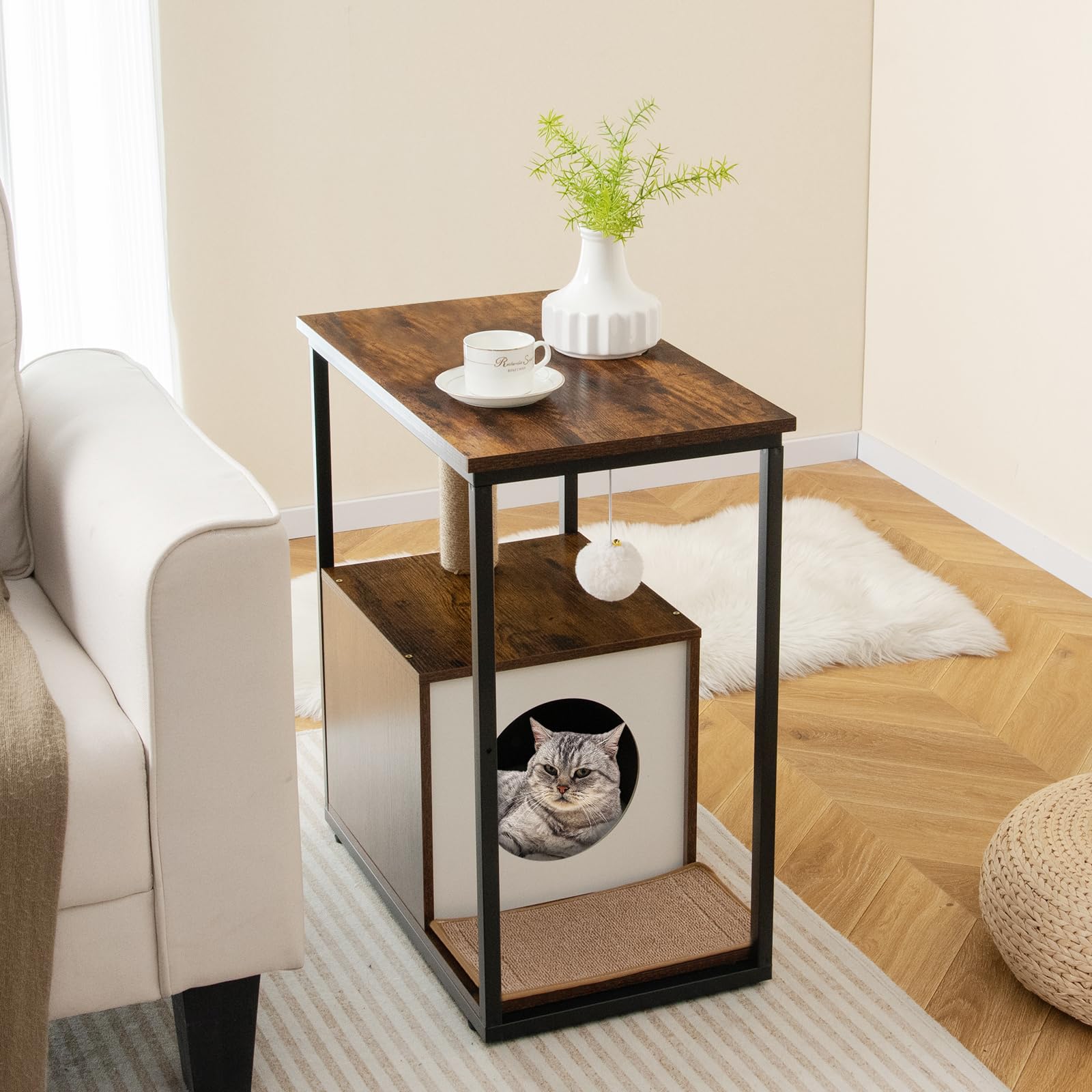 Table d'appoint pour arbre à chat Tangkula, meuble pour chat moderne avec condo pour chat